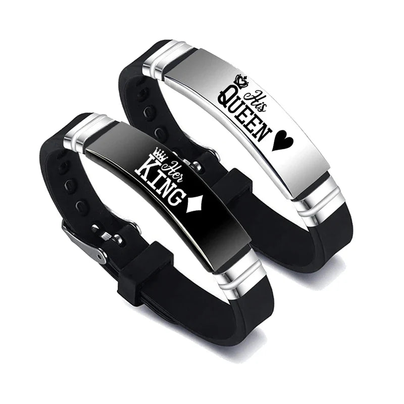 2 Pcs/Set His Queen Her King Couple Bracelets - Stainless Steel Adjustable Silicone Strap Bangles for Valentine's Day Gift