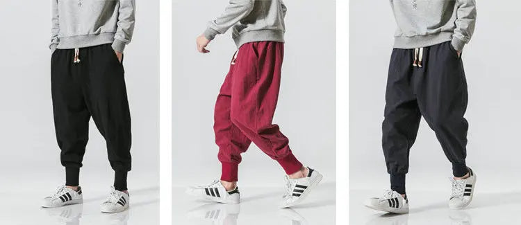 Men’s Cotton Linen Harem Pants – Solid Color Baggy Drop-Crotch Joggers with Elastic Waist Casual Streetwear Trousers
