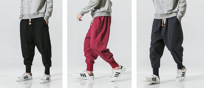 Men’s Cotton Linen Harem Pants – Solid Color Baggy Drop-Crotch Joggers with Elastic Waist Casual Streetwear Trousers