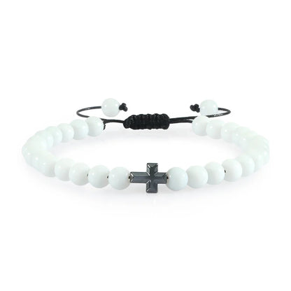 Natural Stone Bead Cross Bracelet - 6mm Braided Christian Prayer Jewelry with Jesus Charm for Men & Women