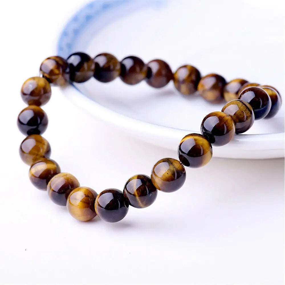 8mm Natural Stone Beaded Bracelet - Black Onyx Lava Tiger Eye Agate Quartz Chakra Yoga Energy Jewelry for Men & Women