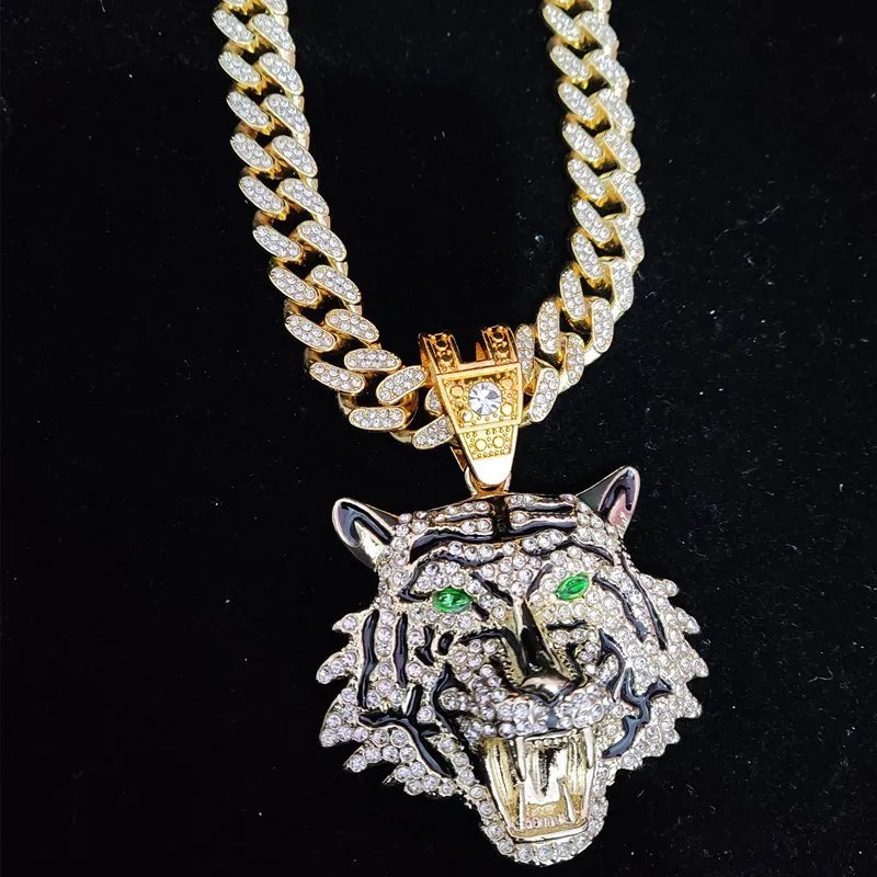 3D Tiger Pendant Necklace - Iced Out Crystal Cuban Chain Hip Hop Jewelry for Men & Women