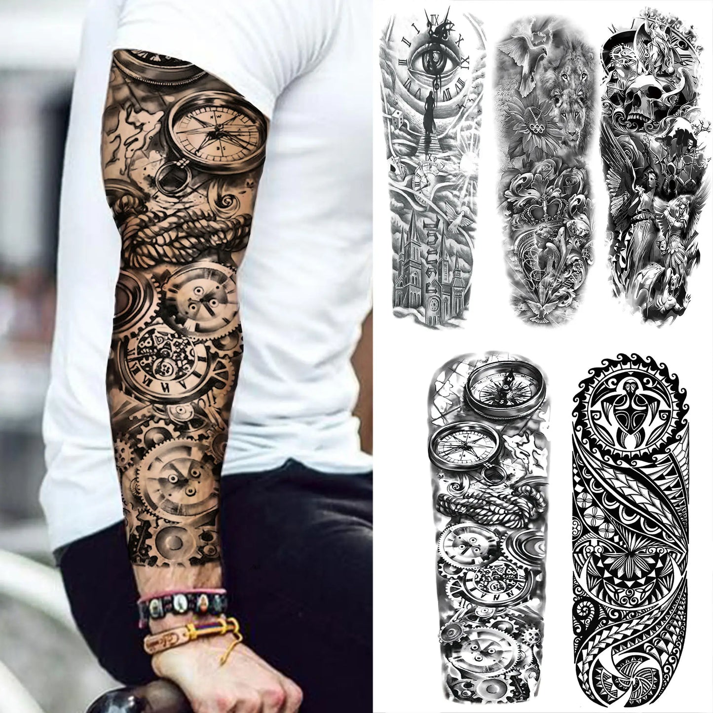 Temporary Tattoo Sleeve - Realistic Full Arm Skull Angel Maori Design Tattoo Sticker for Men & Women