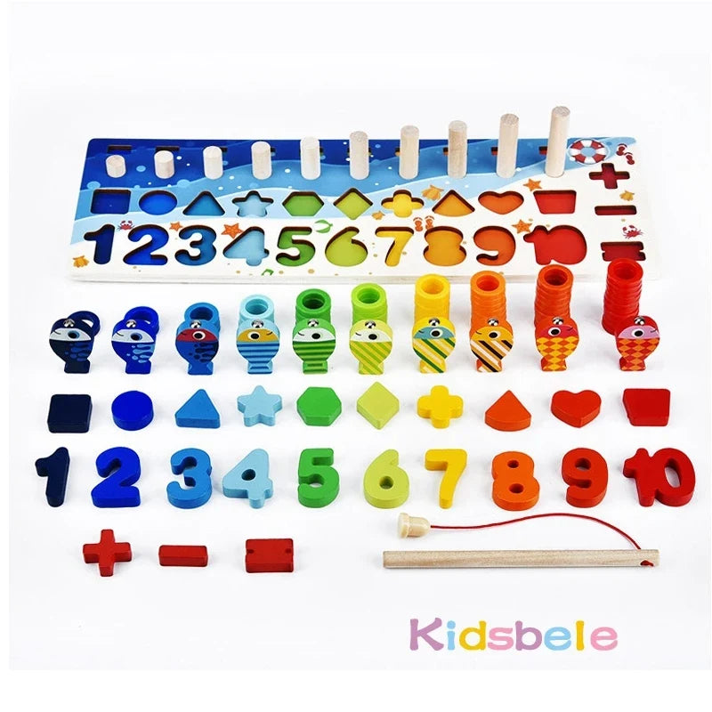 Montessori Math Learning Toy - Wooden Puzzle Fishing Game with Number Counting, Shape Matching & Sorting Activities for Toddlers