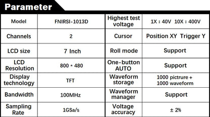 FNIRSI-1013D Digital Tablet Oscilloscope | Dual Channel 100MHz Bandwidth, 1GS/s Sampling Rate | 7" Mini Touchscreen Scope