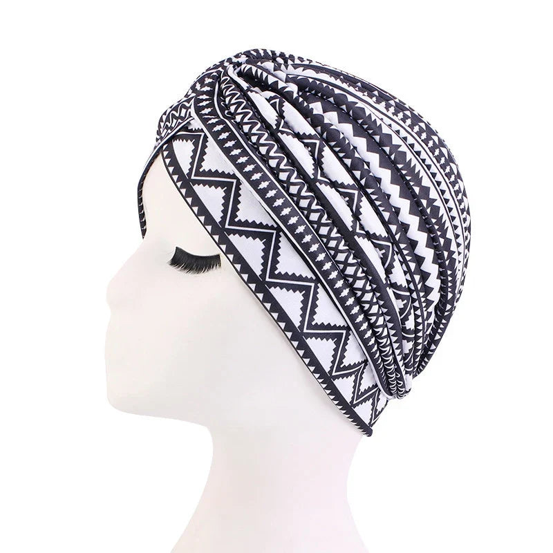 African Print Turban Head Wrap - Soft Stretch Twisted Pleated Beanie Bonnet for Women, Headtie & Chemo Cap