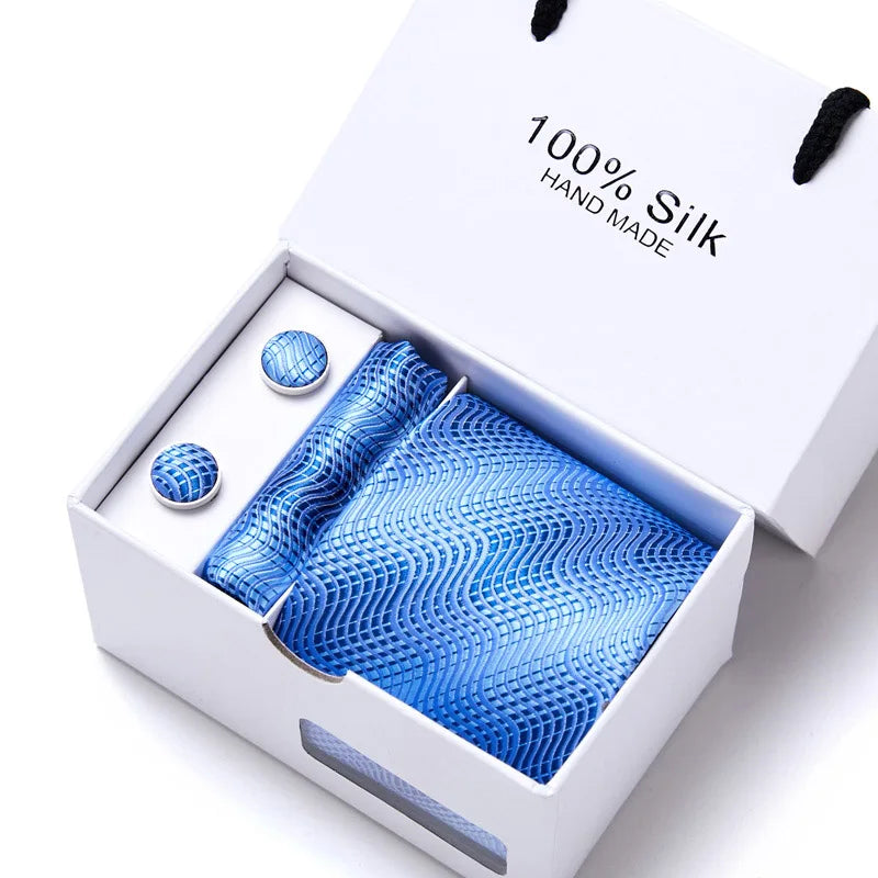 100% Silk Tie Gift Set - Classic Striped Wedding Necktie with Handkerchief for Men