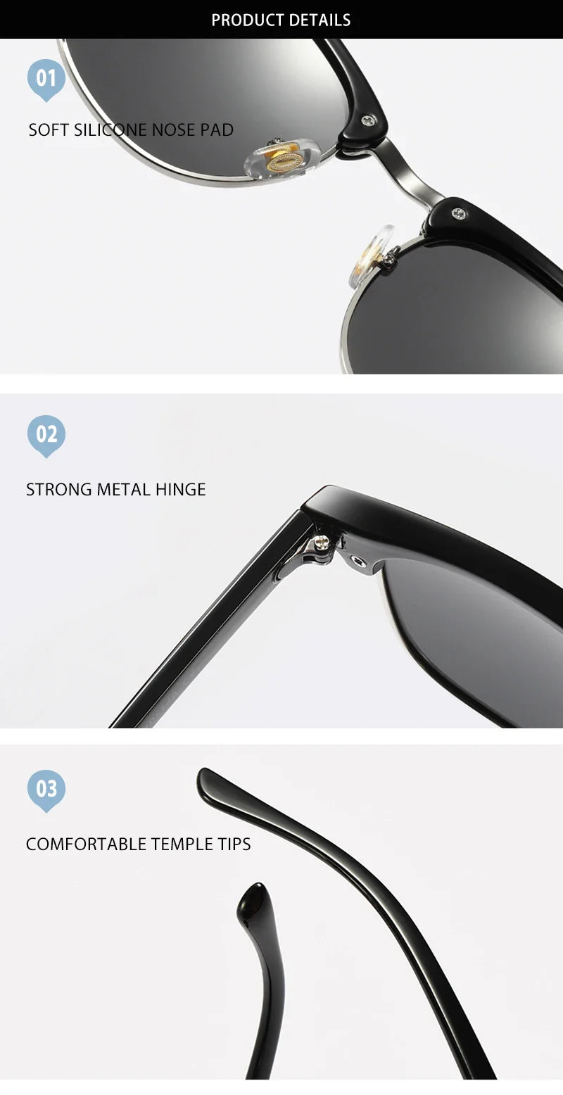 Classic Half Frame Polarized Sunglasses – Retro Rivet Design for Men & Women, Anti-Glare Black Travelling Shades