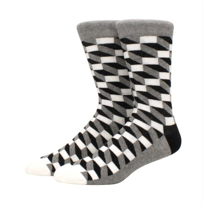 Men’s Funny Argyle Diamond Pattern Cotton Socks – Large Size 3D Geometric Crew Tube Socks, Combed Cotton Casual Novelty Socks