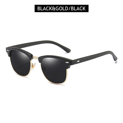 Classic Half Frame Polarized Sunglasses – Retro Rivet Design for Men & Women, Anti-Glare Black Travelling Shades