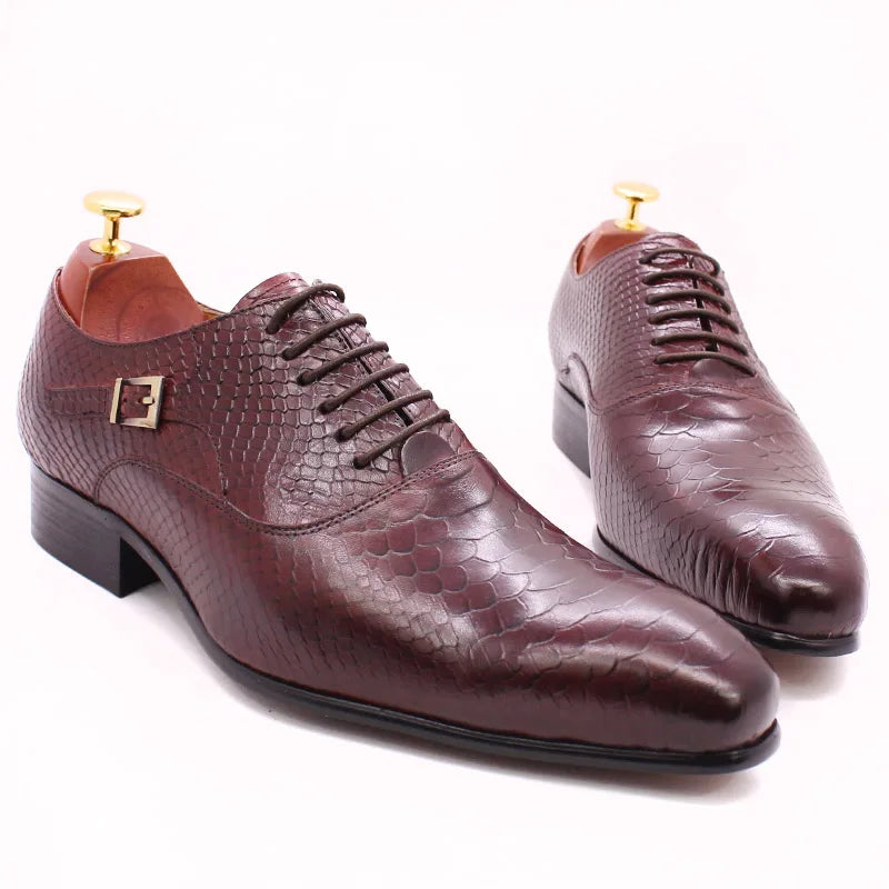 Men's Luxury Oxford Shoes - Snake Skin Print Leather Pointed Toe Lace-Up Formal Dress Shoes