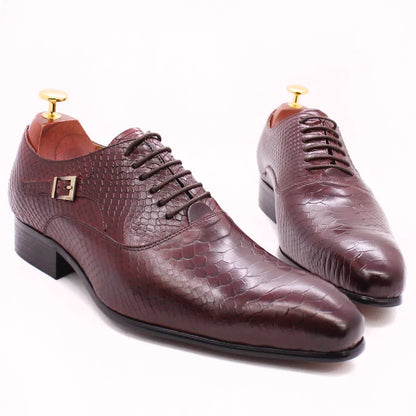 Men's Luxury Oxford Shoes - Snake Skin Print Leather Pointed Toe Lace-Up Formal Dress Shoes