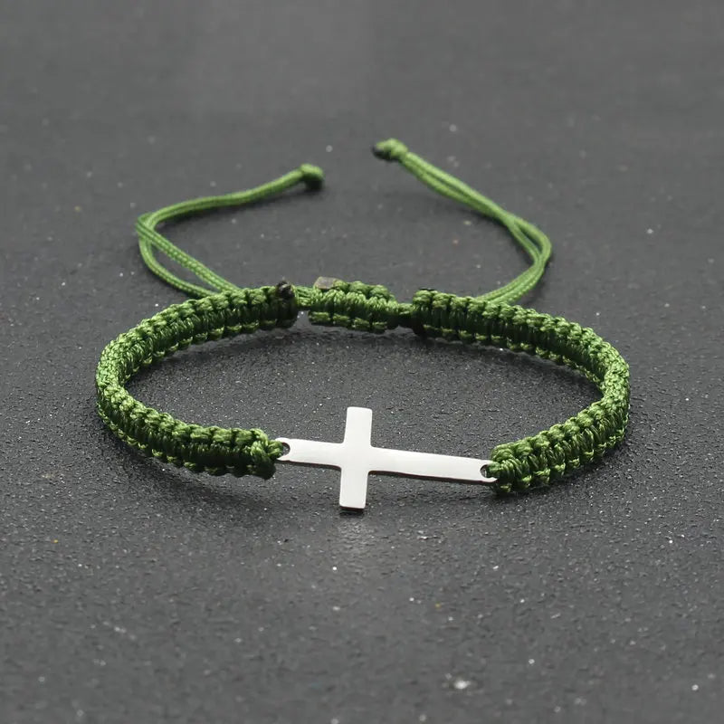 Stainless Steel Cross Charm Bracelet - Handmade Adjustable Braided Rope Chain Couple Jewelry for Women & Men