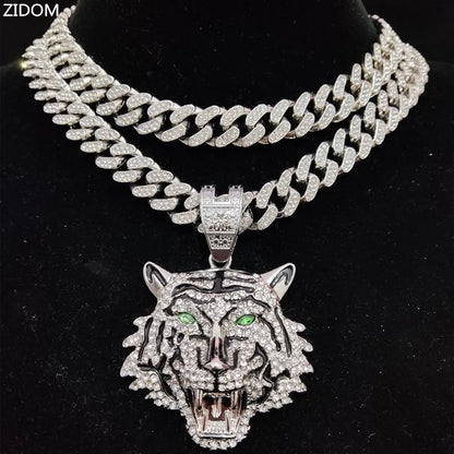 3D Tiger Pendant Necklace - Iced Out Crystal Cuban Chain Hip Hop Jewelry for Men & Women