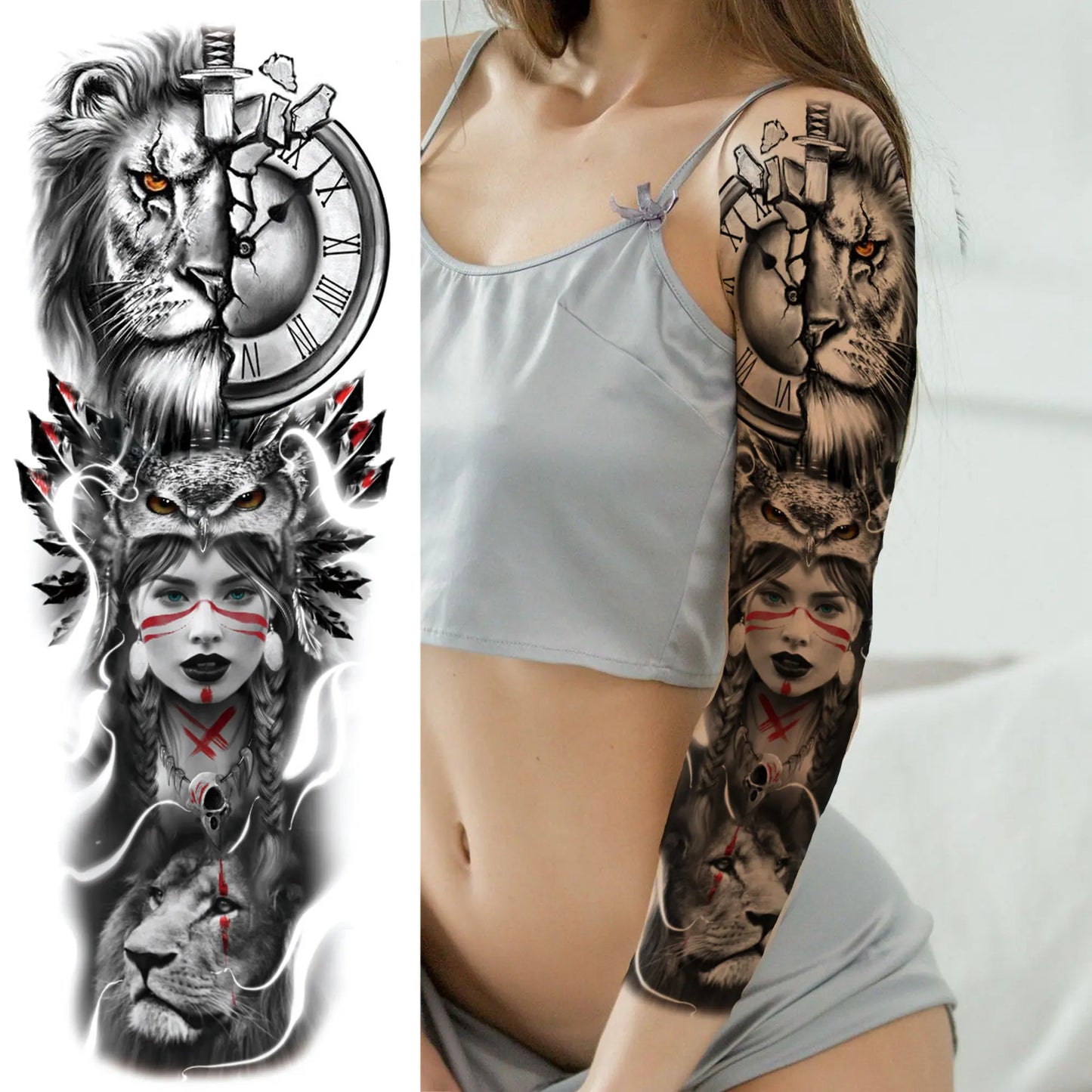 Temporary Tattoo Sleeve - Realistic Full Arm Skull Angel Maori Design Tattoo Sticker for Men & Women