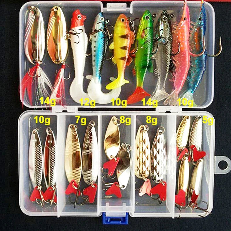 Fishing Lure Kit Set - Hard Wobblers, Metal Jig Spoons & Soft Silicone Baits for Anglers
