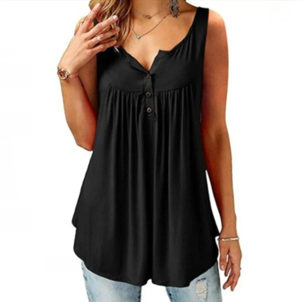 Women’s Loose U Neck Tank Top - Sleeveless Pleated Button Camisole Summer Vest