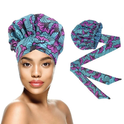 African Print Satin Bonnet with Long Ribbon - Double-Layer Ankara Hair Wrap Cap for Women, Large Size Head Cover