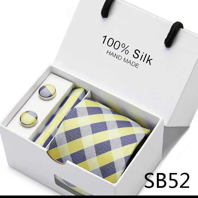 100% Silk Tie Gift Set - Classic Striped Wedding Necktie with Handkerchief for Men