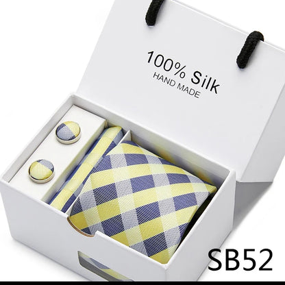 100% Silk Tie Gift Set - Classic Striped Wedding Necktie with Handkerchief for Men