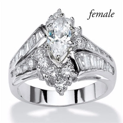Couple CZ Crystal Rings Set - Marquise Cut Stainless Steel Love Rings with Two Row Zircon Design for Men & Women