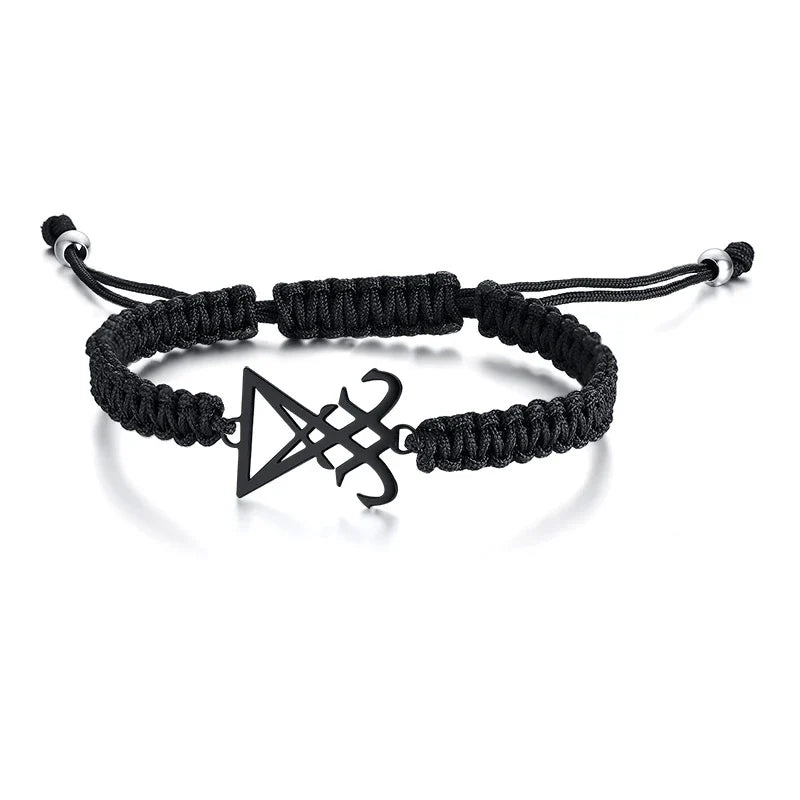 Lucifer Seal Charm Bracelet - Handmade Black Braided Adjustable Wave Wrist Jewelry for Men