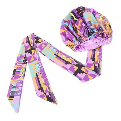 African Print Satin Bonnet with Long Ribbon - Double-Layer Ankara Hair Wrap Cap for Women, Large Size Head Cover