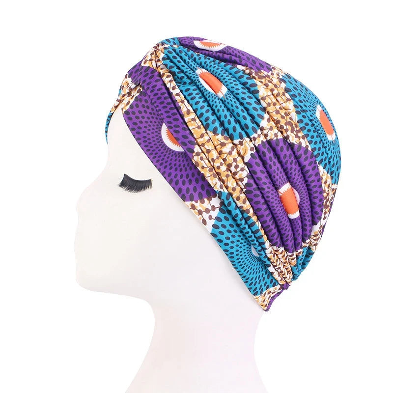 African Print Turban Head Wrap - Soft Stretch Twisted Pleated Beanie Bonnet for Women, Headtie & Chemo Cap