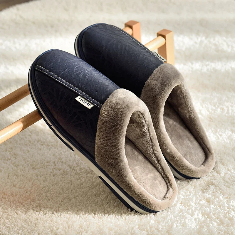 Men’s Large Size Winter Slippers — Waterproof PU Leather Indoor Home Shoes with Fur Cotton, Flat Bedroom Slippers
