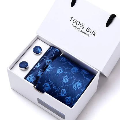 100% Silk Tie Gift Set - Classic Striped Wedding Necktie with Handkerchief for Men