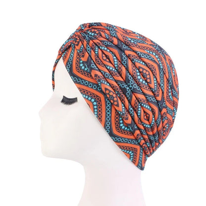 African Print Turban Head Wrap - Soft Stretch Twisted Pleated Beanie Bonnet for Women, Headtie & Chemo Cap