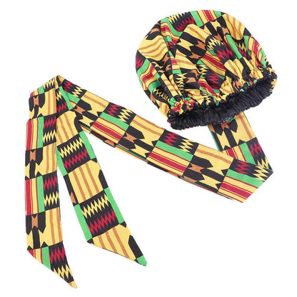 African Print Satin Bonnet with Long Ribbon - Double-Layer Ankara Hair Wrap Cap for Women, Large Size Head Cover