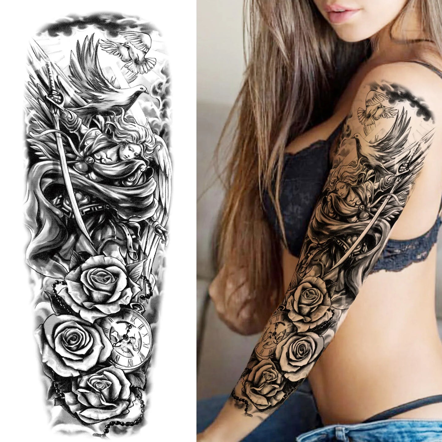 Temporary Tattoo Sleeve - Realistic Full Arm Skull Angel Maori Design Tattoo Sticker for Men & Women