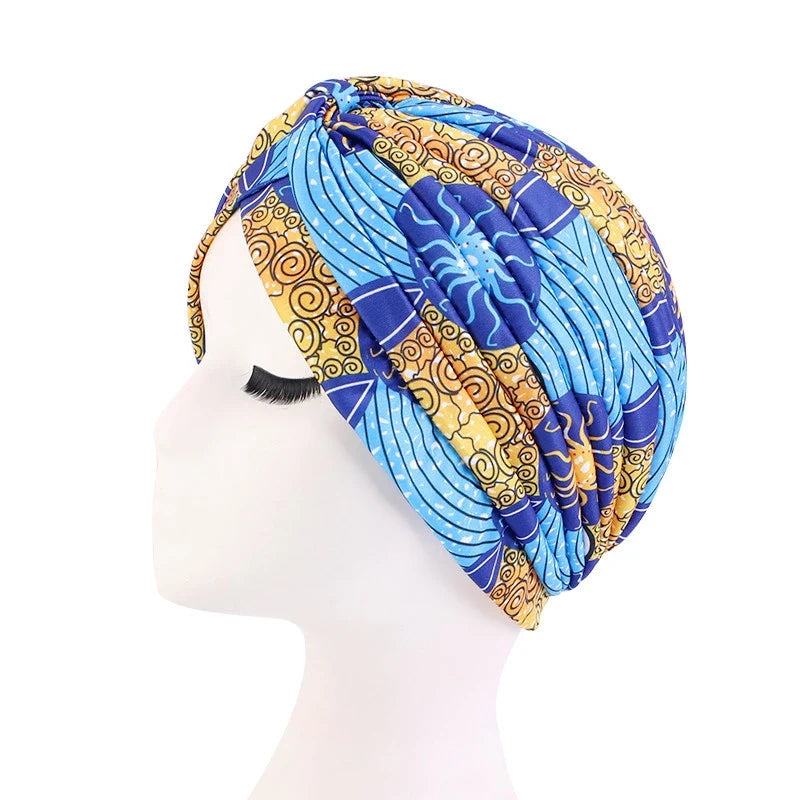 African Print Turban Head Wrap - Soft Stretch Twisted Pleated Beanie Bonnet for Women, Headtie & Chemo Cap