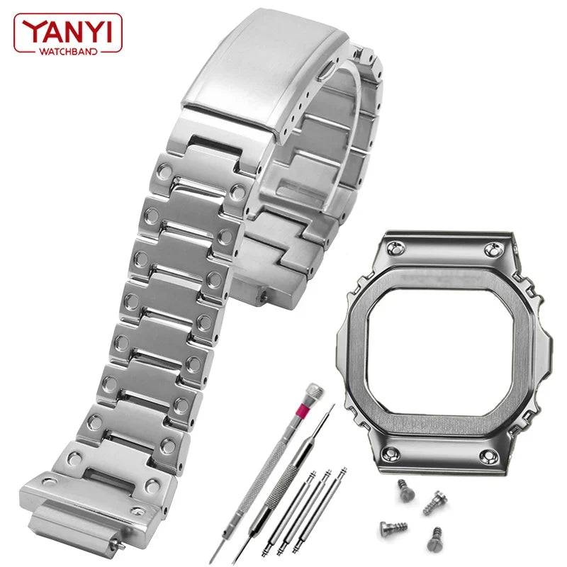 V4.0 Stainless Steel Watch Band & Bezel Kit - Metal Case Strap Replacement for Casio G-Shock DW5600 GW-B5600 DW-5030 Series