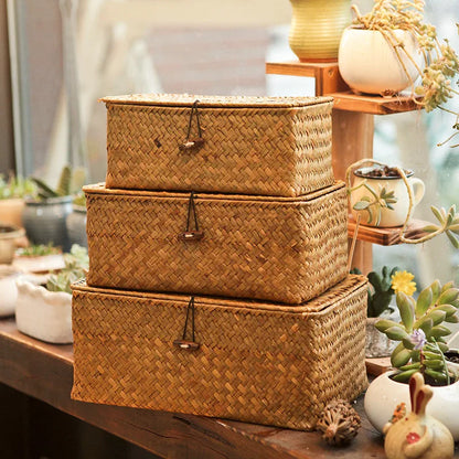 Handmade Seagrass Woven Storage Box with Lid - Seaweed Finishing Basket for Sundries, Bath Cosmetics, and Towels, Model MX01161829