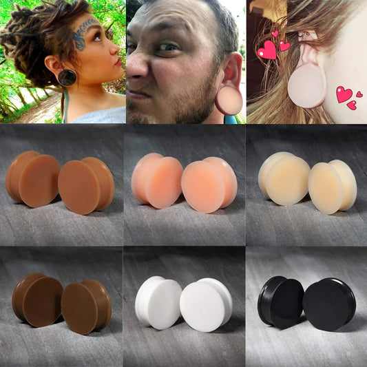 Pair of Flesh Silicone Double Flare Ear Plugs – Large Gauge Ear Expander Piercings, 3mm-50mm