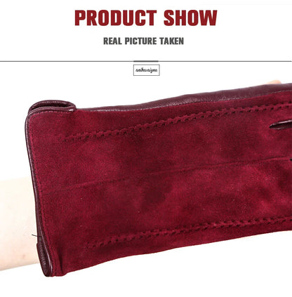 Women’s Winter Touch Gloves – 50% Genuine Leather & 50% Suede, Colorful Warm Leather Gloves