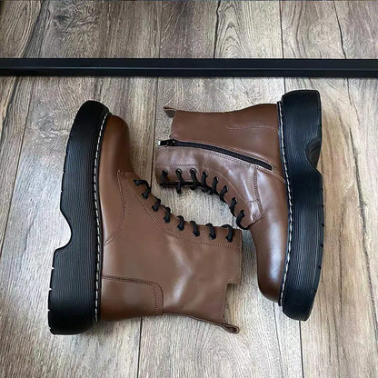 BeauToday Women’s Leather Ankle Boots - Platform Cow Leather Shoes with Side Zipper, Lace-Up Detail & Handmade Finish
