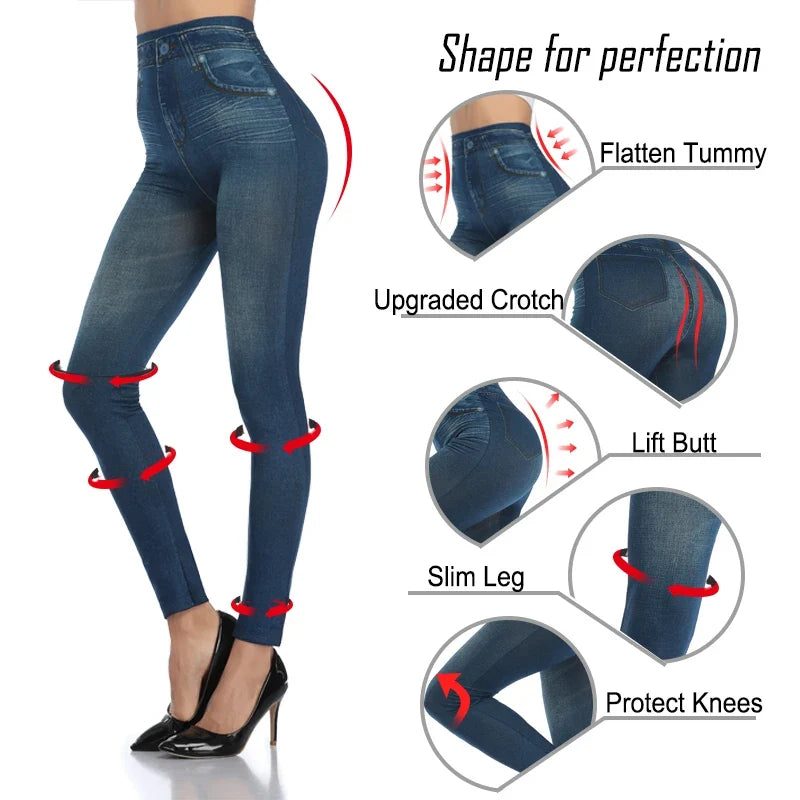 Women's Faux Denim Leggings - Slim Fit Printed Summer Pencil Pants for Fitness & Casual Wear