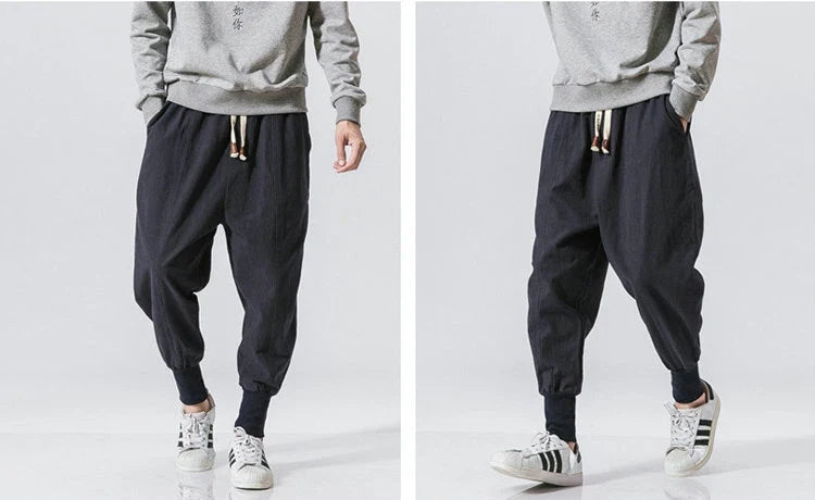Men’s Cotton Linen Harem Pants – Solid Color Baggy Drop-Crotch Joggers with Elastic Waist Casual Streetwear Trousers