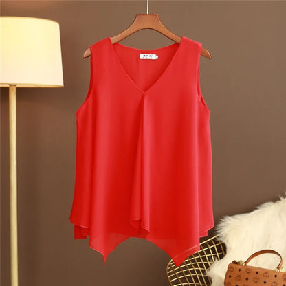 Women's Chiffon V Neck Blouse - Loose Sleeveless Plus Size Fashion Top M-5XL