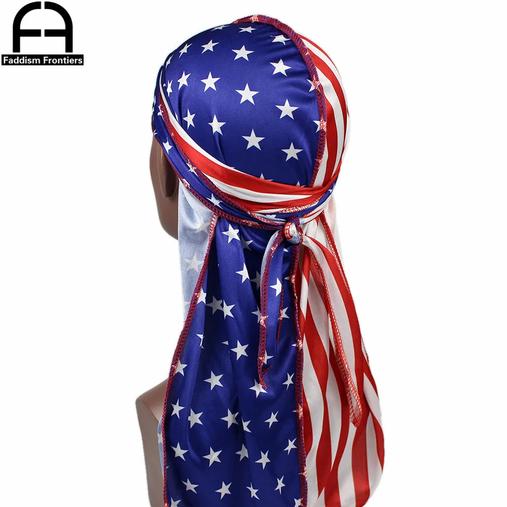 Patchwork Flag Silk Durag - Stars Print Wave Cap Headwrap for Men