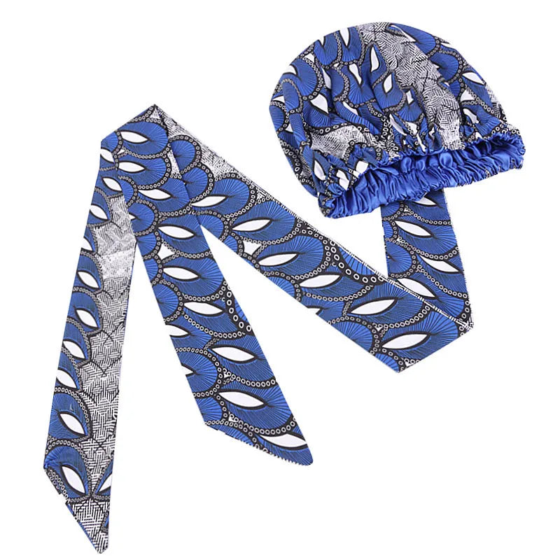 African Print Satin Bonnet with Long Ribbon - Double-Layer Ankara Hair Wrap Cap for Women, Large Size Head Cover