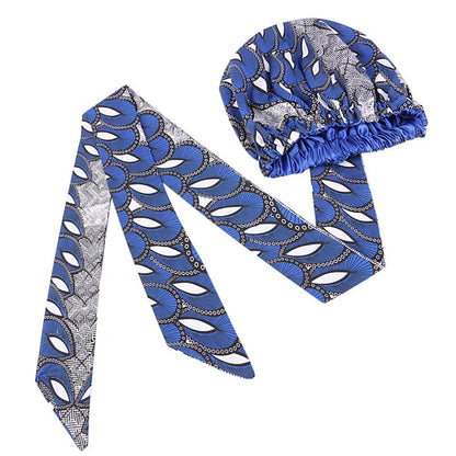 African Print Satin Bonnet with Long Ribbon - Double-Layer Ankara Hair Wrap Cap for Women, Large Size Head Cover
