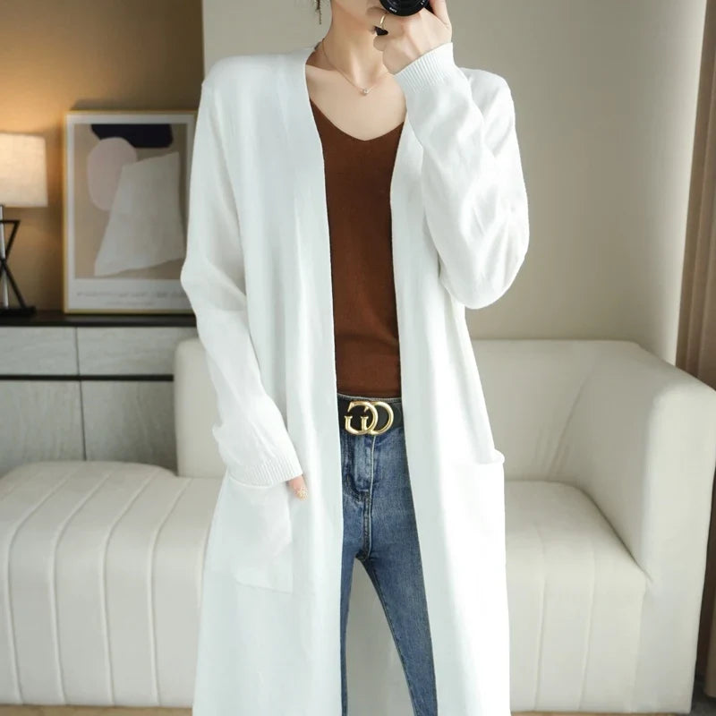 YSC Women’s Knitted Cashmere Wool Blend Cardigan – V-Neck, Long Buttonless Style with Pocket Trim