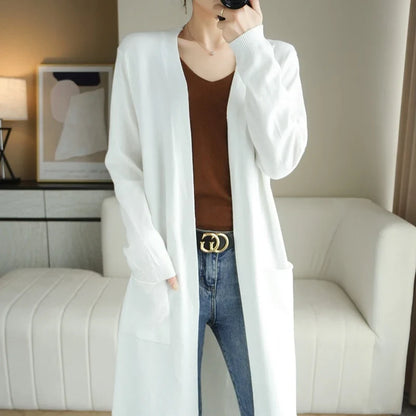 YSC Women’s Knitted Cashmere Wool Blend Cardigan – V-Neck, Long Buttonless Style with Pocket Trim