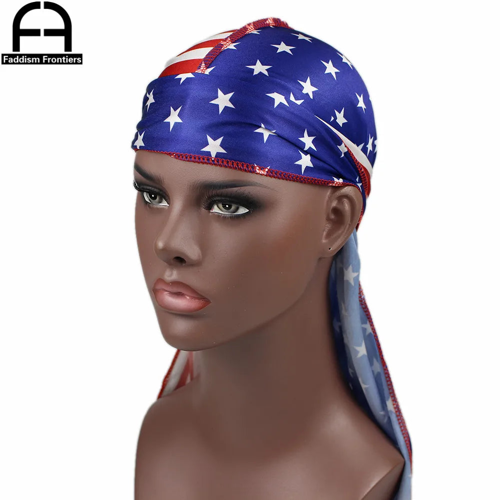 Patchwork Flag Silk Durag - Stars Print Wave Cap Headwrap for Men