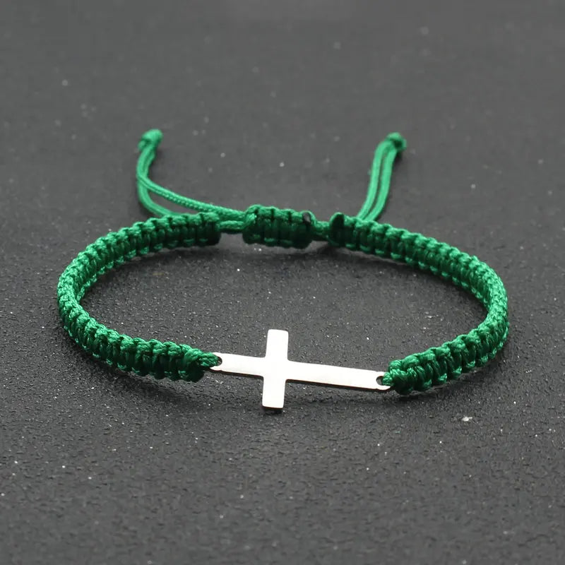 Stainless Steel Cross Charm Bracelet - Handmade Adjustable Braided Rope Chain Couple Jewelry for Women & Men