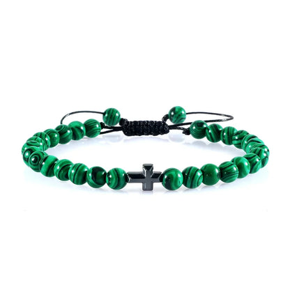 Natural Stone Bead Cross Bracelet - 6mm Braided Christian Prayer Jewelry with Jesus Charm for Men & Women